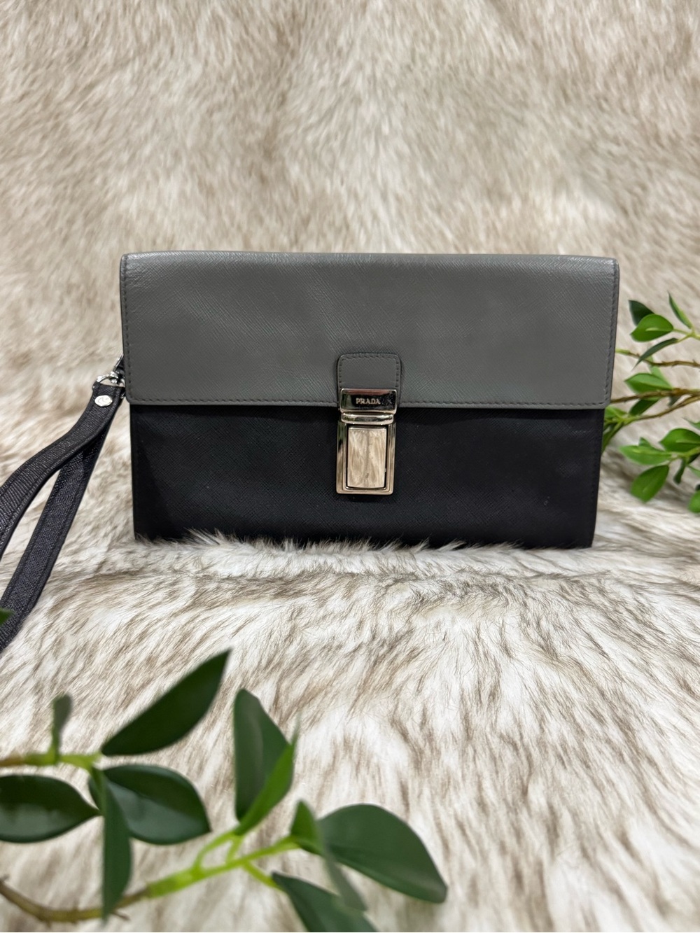 Prada Two-Tone Saffiano Lux Leather Envelope Case / Wristlet Clutch